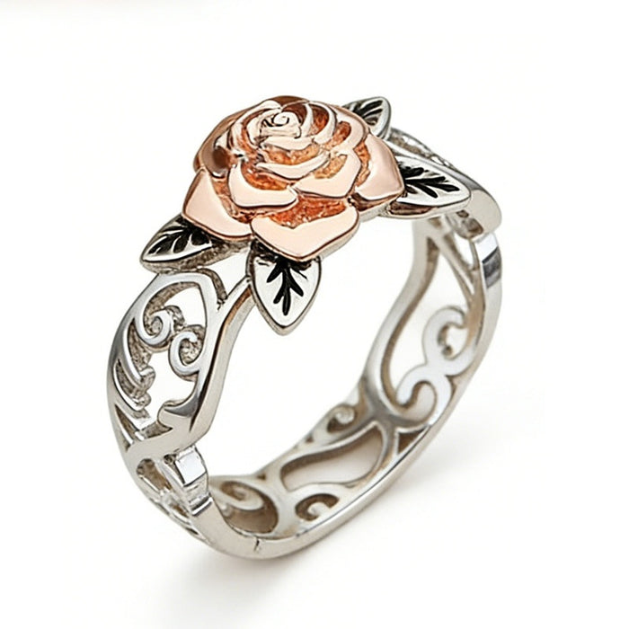 Rose Gold Plated Copper Two Tone Flower Ring, Vintage Women's Engagement Jewelry