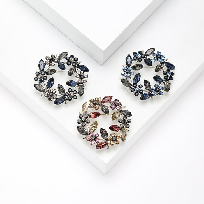 Alloy Crystal Olive Branch Wreath Brooch Rhinestone Lapel Pin