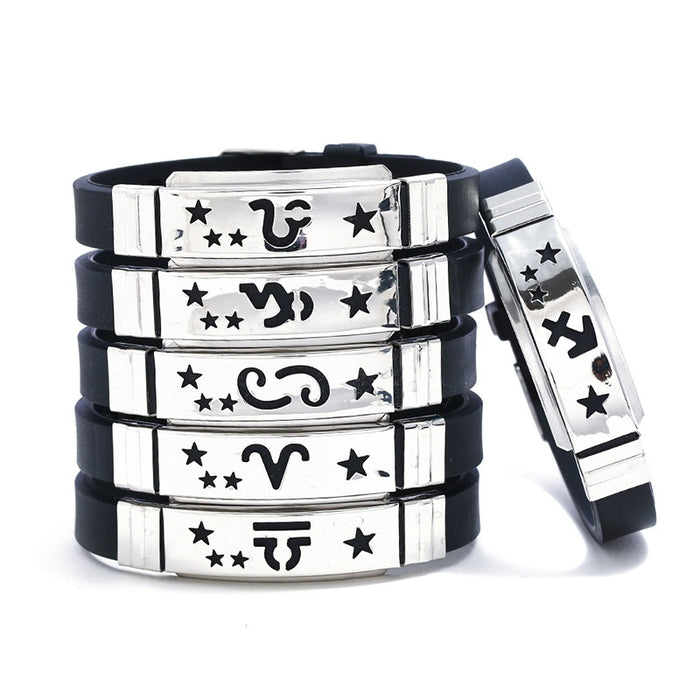 Punk Stainless Steel 12 Zodiac Silicone Bracelet Korean Fashion Birthday Gift Bangle