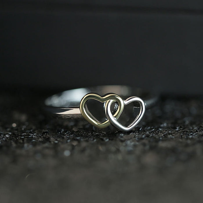 European American Fashion Double Heart Women Ring, Two Tone Real Gold Plated Birthday Jewelry Gift