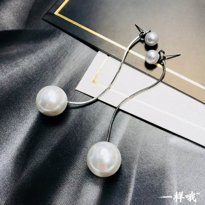 Elegant Asymmetric Big Small Pearl Long Drop Studs With 925 Silver Needle Dangle Pearl Earrings