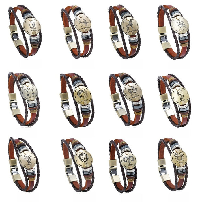 Punk 12 Zodiac Genuine Leather Bracelet Handmade Beaded Vintage Leather Wristband