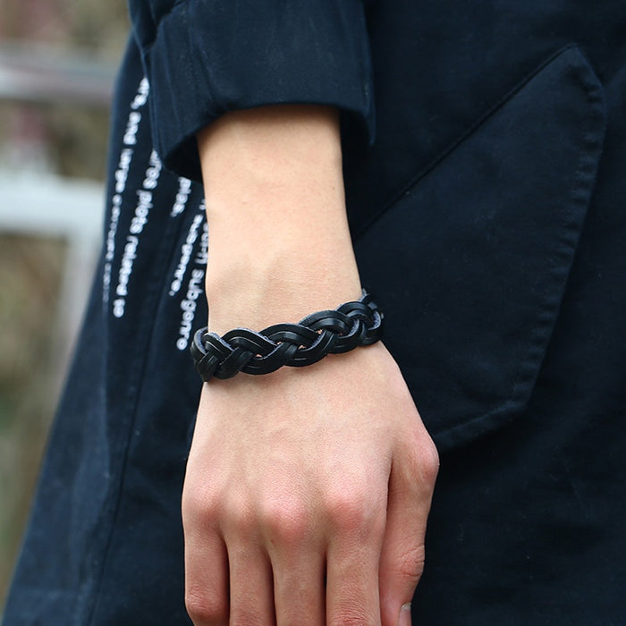 European American Punk Vintage Cowhide Braided Genuine Leather Bracelet Simple Hand Rope