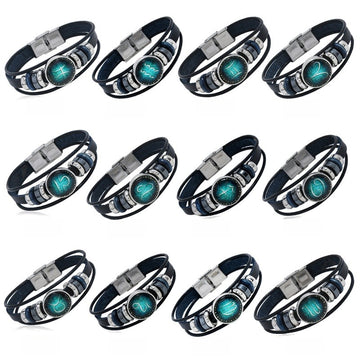 Punk 12 Zodiac Genuine Leather Bracelet DIY Multi Layer Simple Couple Bracelet Bangle