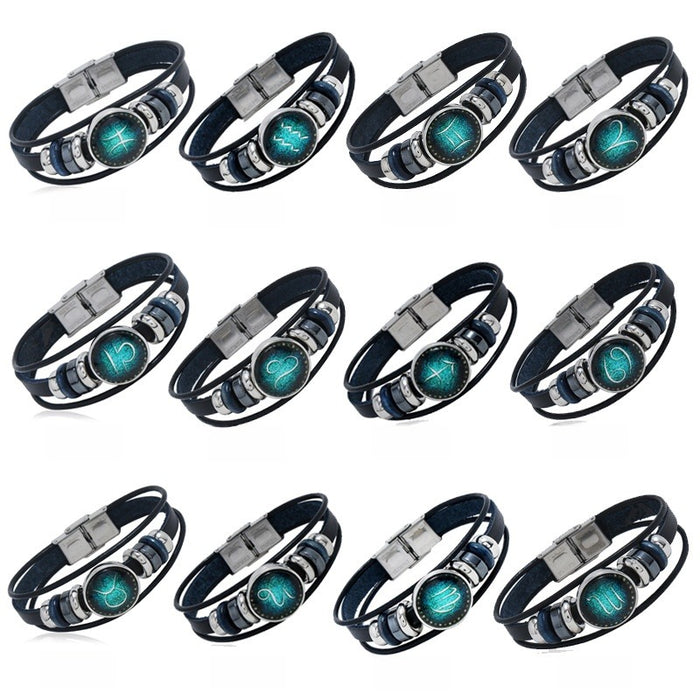 Punk 12 Zodiac Genuine Leather Bracelet DIY Multi Layer Simple Couple Bracelet Bangle