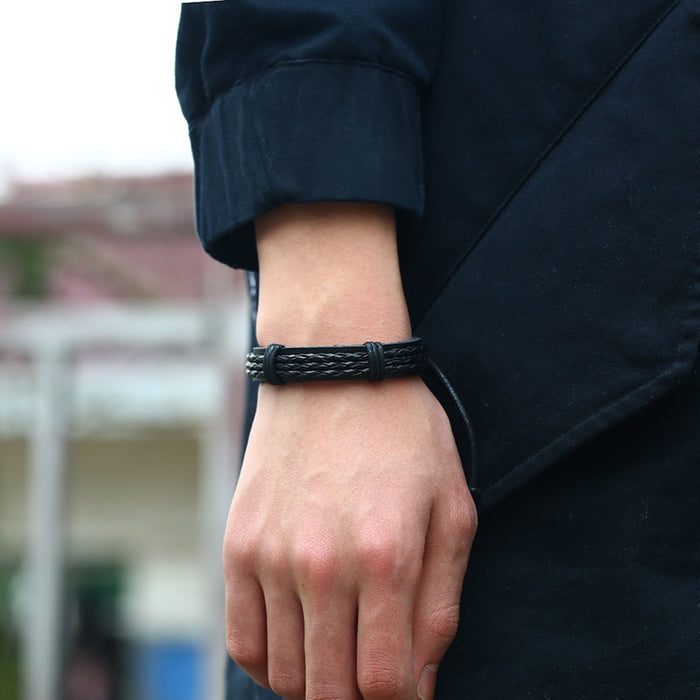 Vintage Braided PU Faux Cowhide Leather Bracelet Simple European American Men's Adjustable Hand Rope
