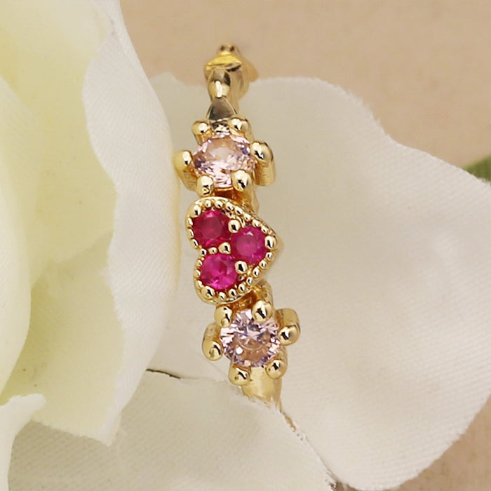 Gold Plated Copper Heart Ring With Red Zircon Inlay And Crown Tail For Women