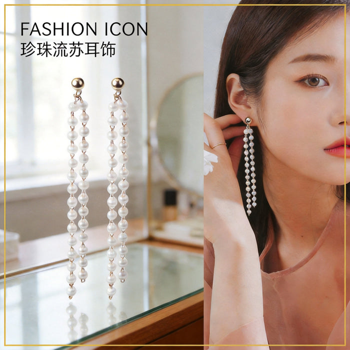 Elegant Long Pearl Tassel Drop Dangle Gold Alloy Beaded Fringe Chic Fashion Statement Earrings