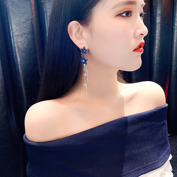 Metal Star Drop Earrings With Faux Crystal Pearl Tassel Elegant OL Fashion For Women