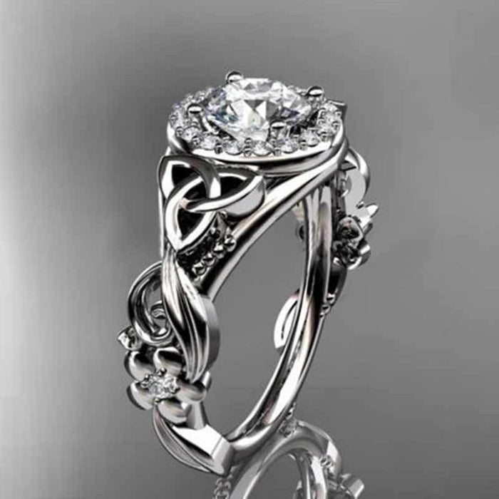 Classic Four Prong Zircon Diamond Ring, European American Elegant Palace Engraved Women's Goddess Ring