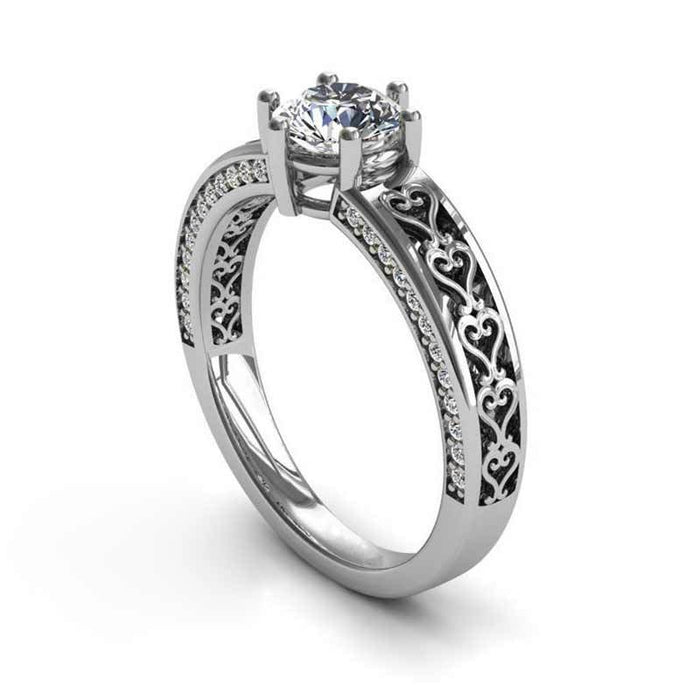 White Gold Plated Women's Hand Jewelry, European American Fashion Creative Heart Pattern Ring