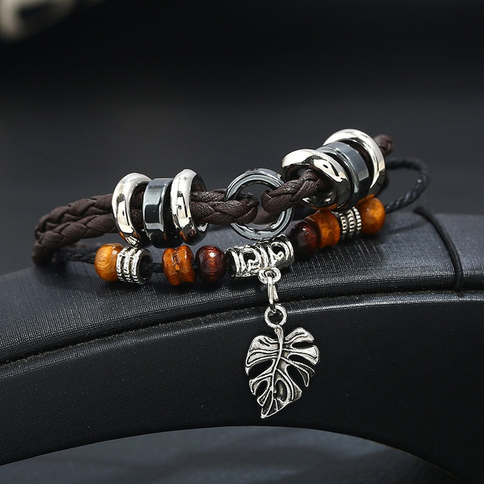 Korean Fashion Multi Layer Braided Leather Men's Bracelet With Creative Leaf Pendant