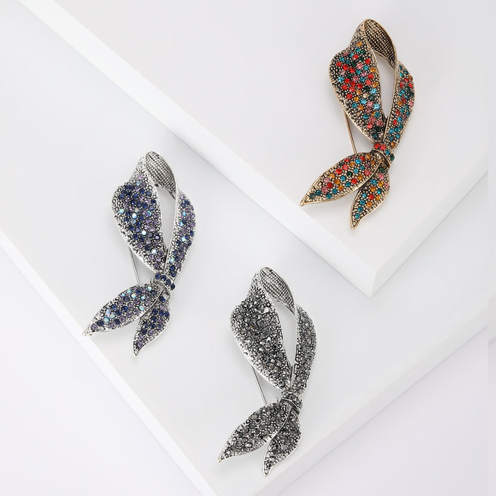 Alloy Rhinestone Ribbon Brooch Pin For Luxury Lapel Decoration