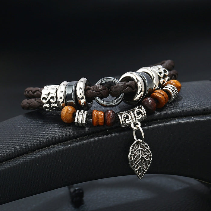 Korean Fashion Multilayer Braided Leather Bracelet With Leaf Pendant For Men Jewelry