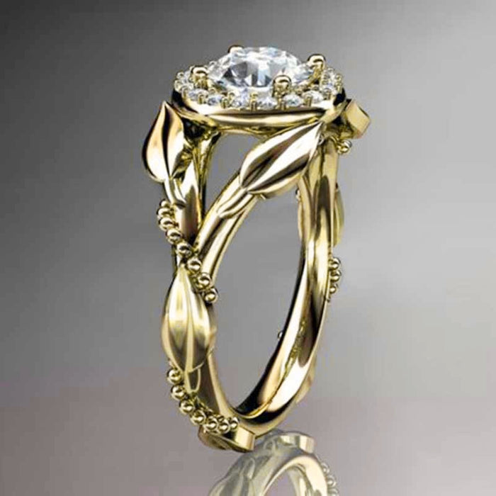 14K Gold Plated Lucky Vine Leaf Zircon Ring European Style Women Jewelry