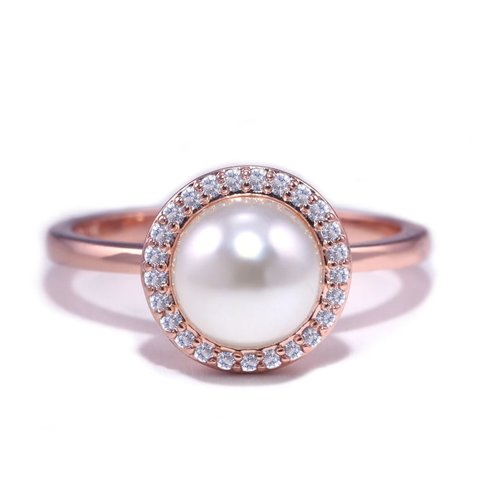 European Copper Artificial Pearl Engagement Ring With Zircon Rose Gold Plated Women's Jewelry
