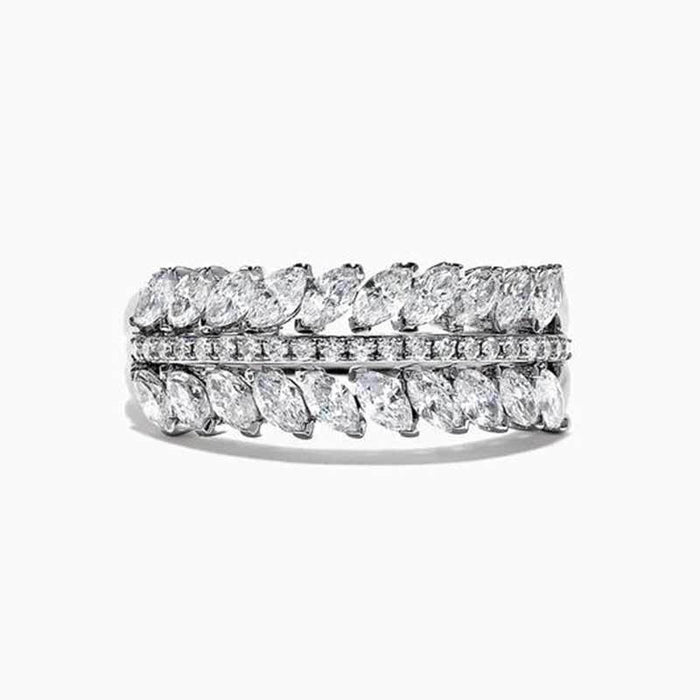 Double Row Full Zircon Copper Silver Plated Luxury Women's Finger Ring Jewelry