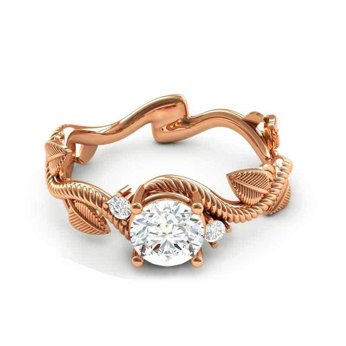 Rose Gold Plated Copper Vine Leaf Flower Zircon Women Ring With Pave Stones