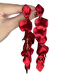 Light Luxury Metal Rose Petal Long Drop Earrings, European American Floral Statement Jewelry view 5