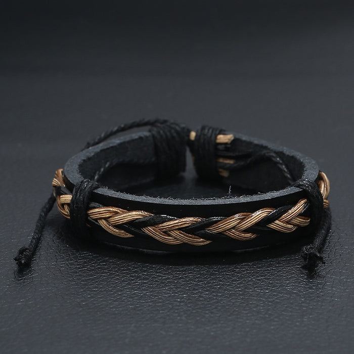 Cross Border Vintage Woven Leather Bracelet For Men Simple Adjustable Faux Cowhide Wristband