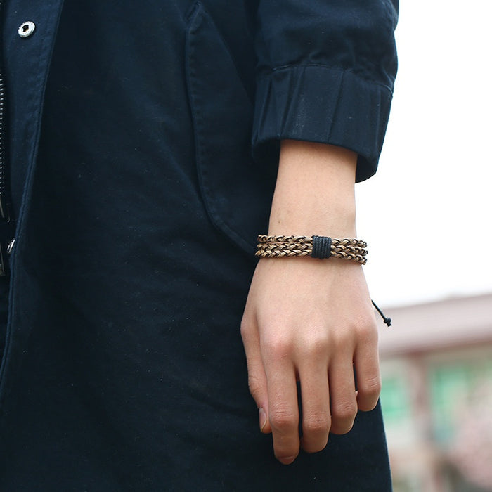 Punk Vintage Braided PU Leather Bracelet For Men, Simple European American Adjustable Wristband