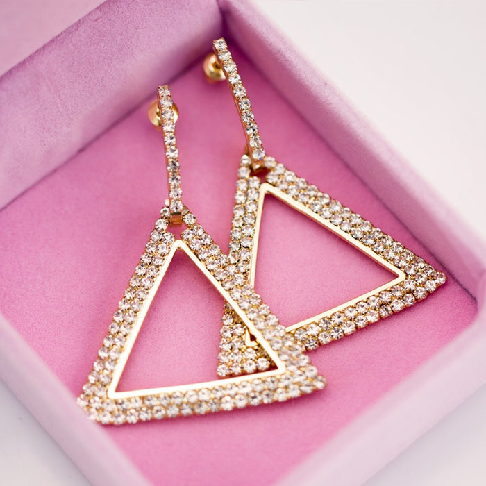 Exaggerated Geometric Triangle Copper Stud Earrings With Rhinestones For Women