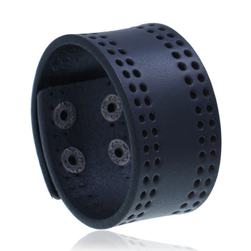 Vintage Distressed Punk Mens Cowhide Leather Wide Cuff Bracelet With Perforated Design Open Bangle