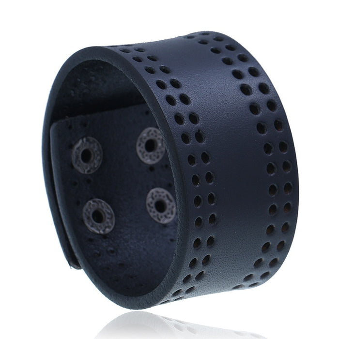 Vintage Distressed Punk Mens Cowhide Leather Wide Cuff Bracelet With Perforated Design Open Bangle
