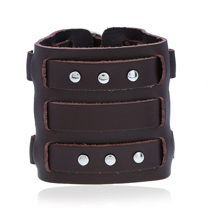 Punk Rivet Wide Cowhide Leather Bracelet, Bold Men's Genuine Leather Wristband Accessory