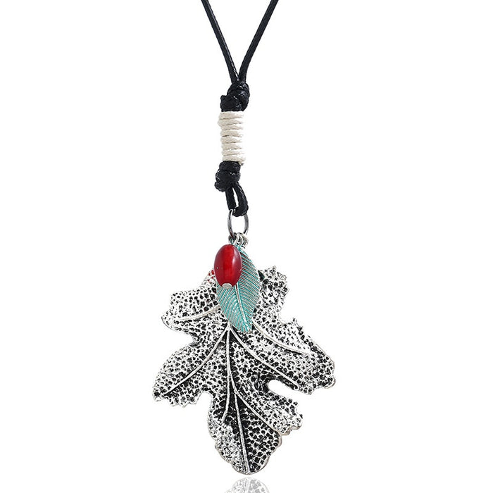 Punk Vintage Long Sweater Necklace For Women, Simple Leaf Pendant Fashion Accessory