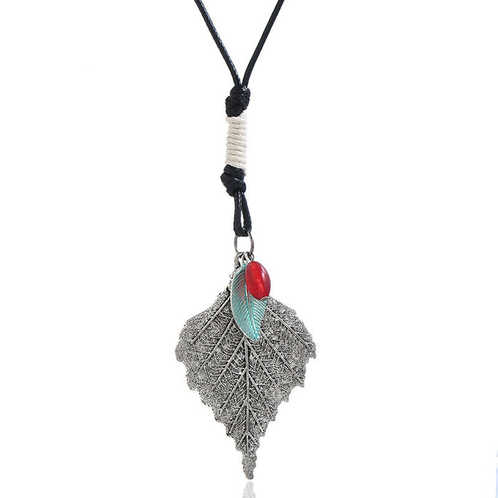 Punk Vintage Long Sweater Necklace For Women, Simple Leaf Pendant Fashion Accessory