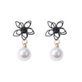 Elegant Hollow Metal Flower Pearl Drop Studs Korean Style Black Alloy Long Dangle Earrings view 5