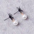 Elegant Hollow Metal Flower Pearl Drop Studs Korean Style Black Alloy Long Dangle Earrings view 4