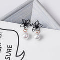 Elegant Hollow Metal Flower Pearl Drop Studs Korean Style Black Alloy Long Dangle Earrings view 1