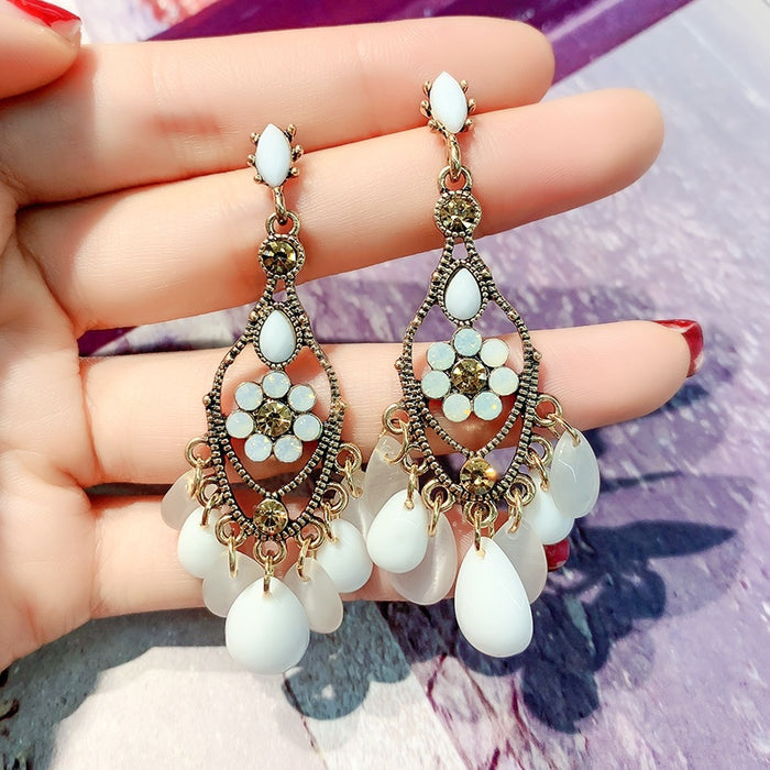 Vintage Baroque Pearl Cat Eye Stone Crystal Tassel Geometric Drop Earrings With Sterling Silver Post