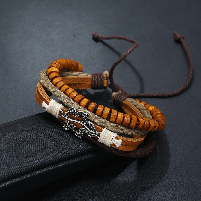 Punk Vintage Braided Cowhide Leather Men Bracelet With Wood Beads Genuine Leather Jewelry