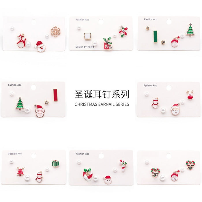 Christmas Enamel Santa Reindeer Snowflake Tree Faux Pearl Alloy Multi Stud Set Earrings