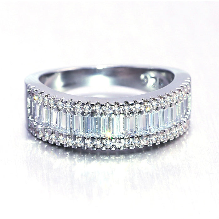 European American T Shape Square CZ Full Stone Ring, Luxury Cubic Zirconia Couple Band