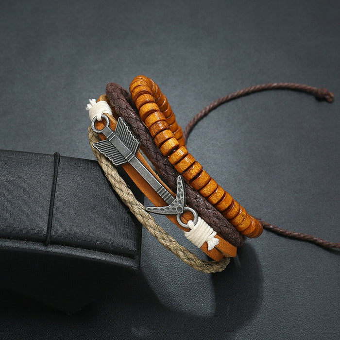 Punk Vintage Alloy Arrow Cowhide Leather Multi Layer Wood Bead Men Bracelet Jewelry