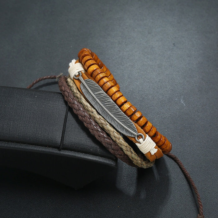 Punk Vintage Multi Layer Alloy Feather Cowhide Leather Bracelet With Wooden Beads Mens Accessory