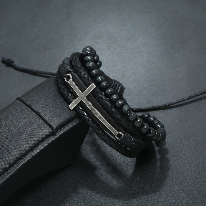 European Black Vintage Beaded Cowhide Bracelet Simple Multilayer Braided Leather Bracelet
