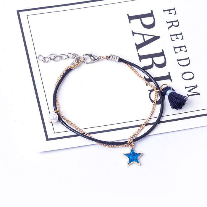 Korean Double Layer Braided Chain Star Moon Tassel Bracelet Anklet Two Way Fashion Jewelry