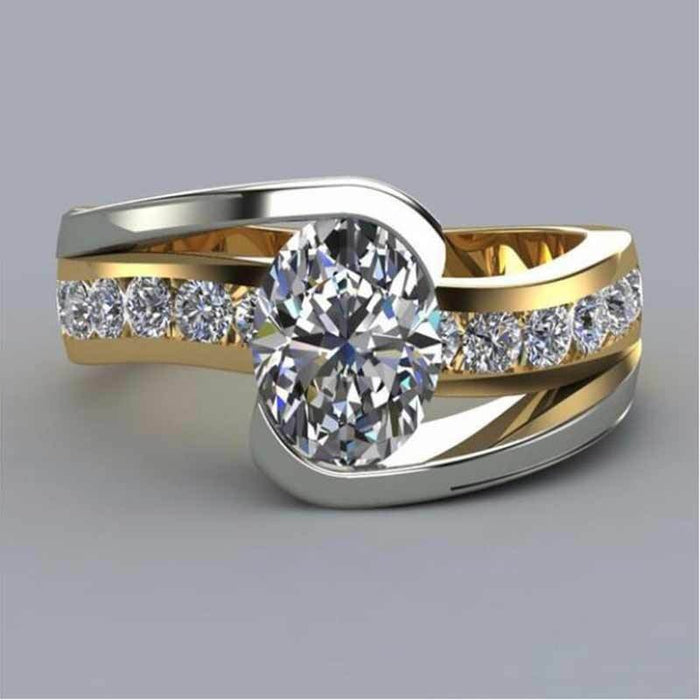 Two Tone Plated Oval Zircon Engagement Ring, European Style Women's Fashion Jewelry