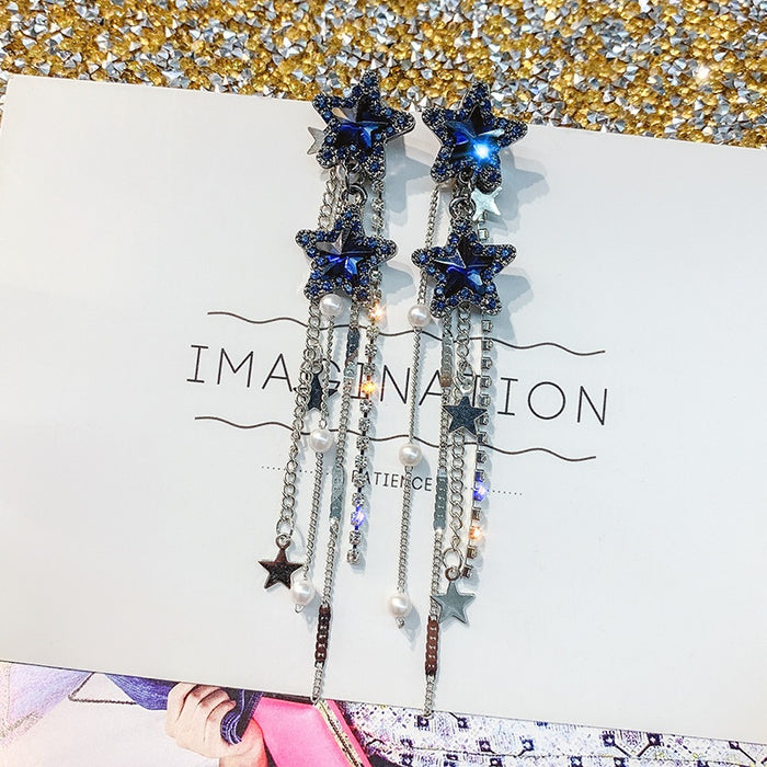 Elegant Long Tassel Star Rhinestone Drop Earrings With Sterling Silver Needle, European And American Style