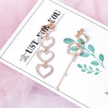 Elegant Gold Alloy Asymmetric Long Heart Rhinestone Pearl Tassel Clip On Drop Earrings view 1