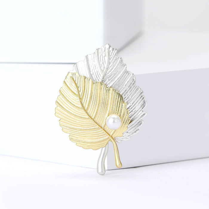 Alloy Matte Two Tone Leaf Brooch Creative Women Lapel Pin