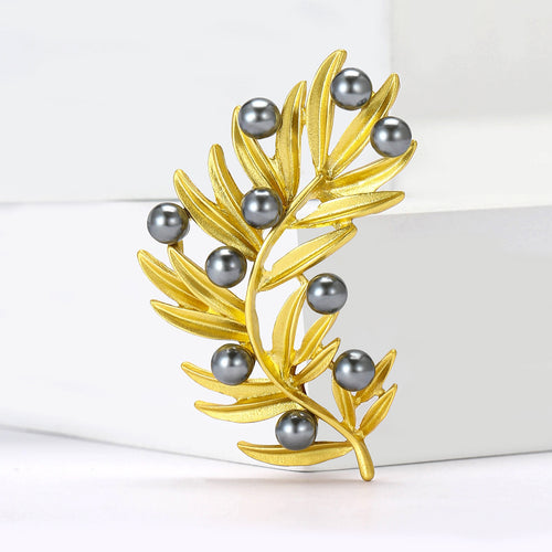Alloy Pearl Matte Leaf Brooch Pin For Women's Clothing