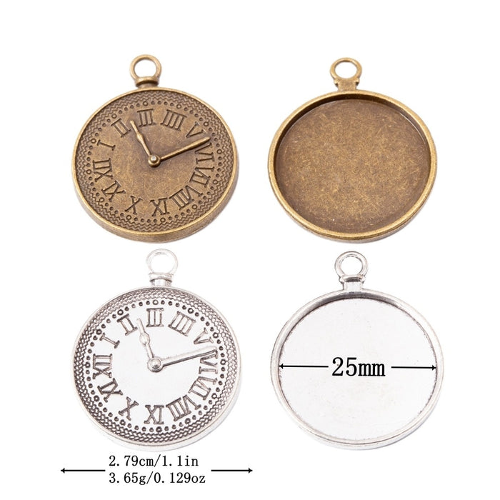 25mm Zinc Alloy Round Clock Charm Pendant for DIY Necklace Bracelet Jewelry Making