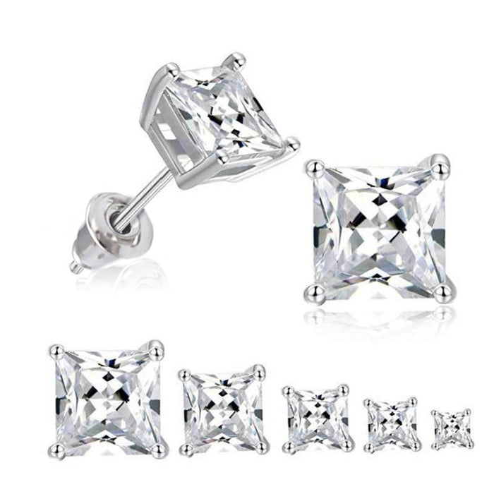 Classic Four Prong AAA Square Zircon Stud Earrings Gold Color Retaining Ear Jewelry