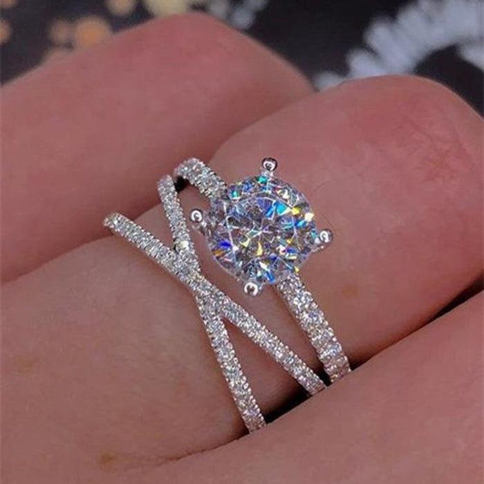 Double Layer Twisted Engagement Ring For Women With Brilliant Eight Hearts Zircon Stones